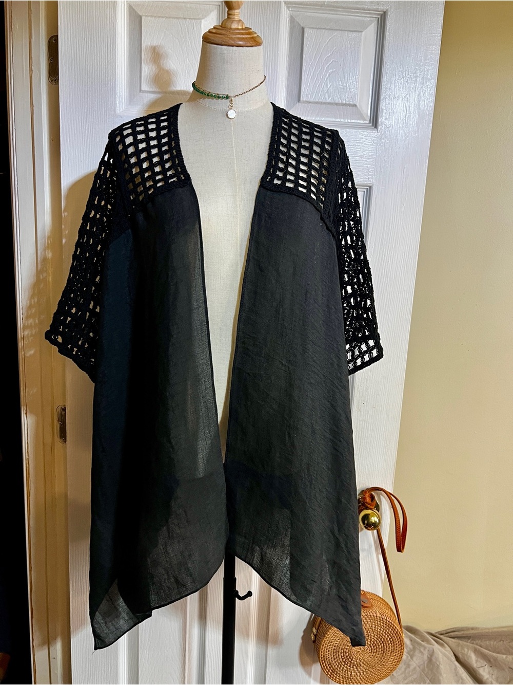 Steve Madden Crochet Cotton Open Kimono Coverup Cardigan Boho Gothic Black OS